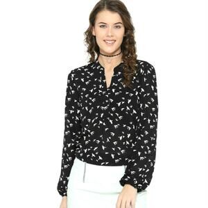 Forever 21 Blouse Women's Size L Black White Long Sleeve Birds All over Design